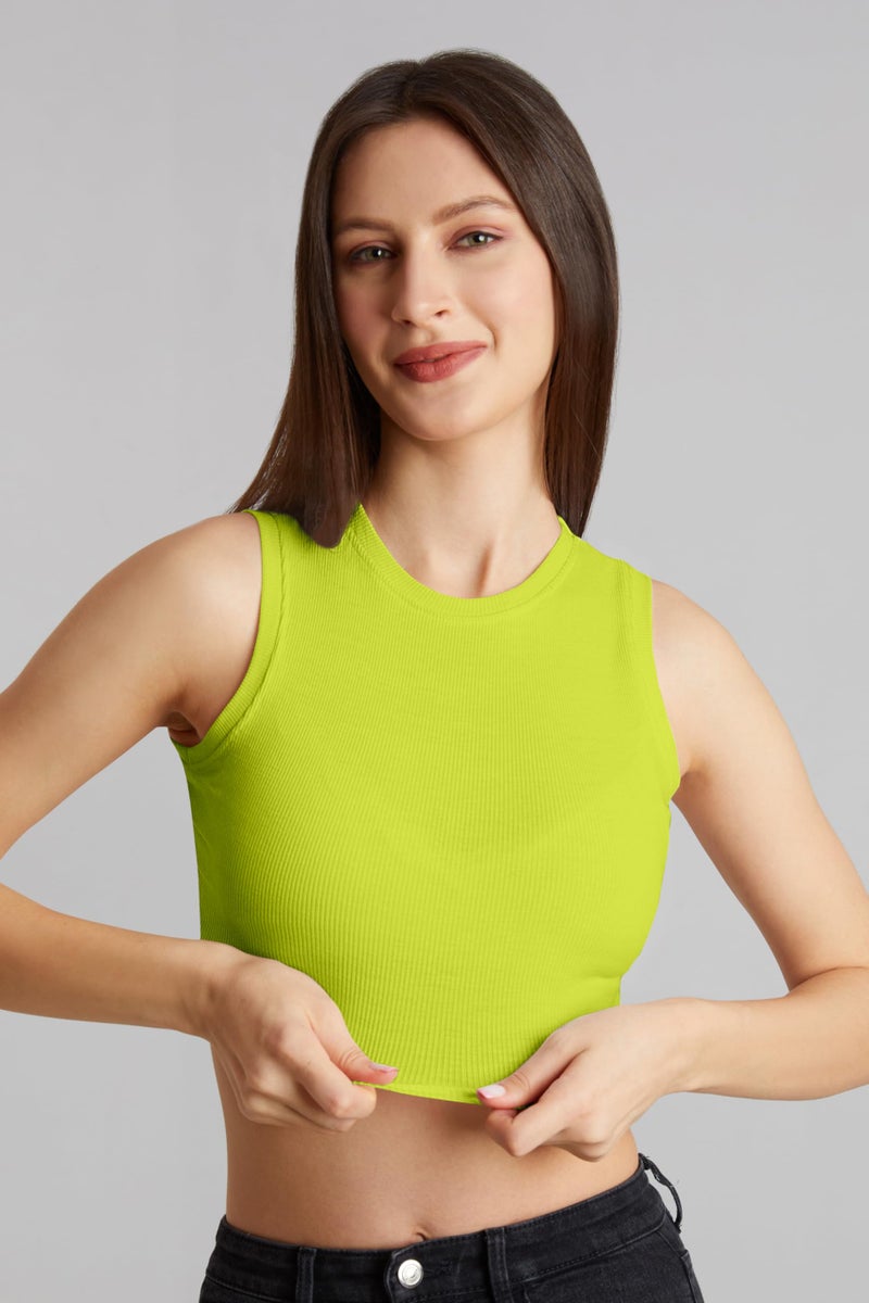 Berry&Bird BERRY BIRD® Stylish Sleeveless Round Neck Ribbed Tank Tops for Women & Girls Slim Fit Collarless Beach, Gym Wear and Western Trendy Fashion Neon - Image 3