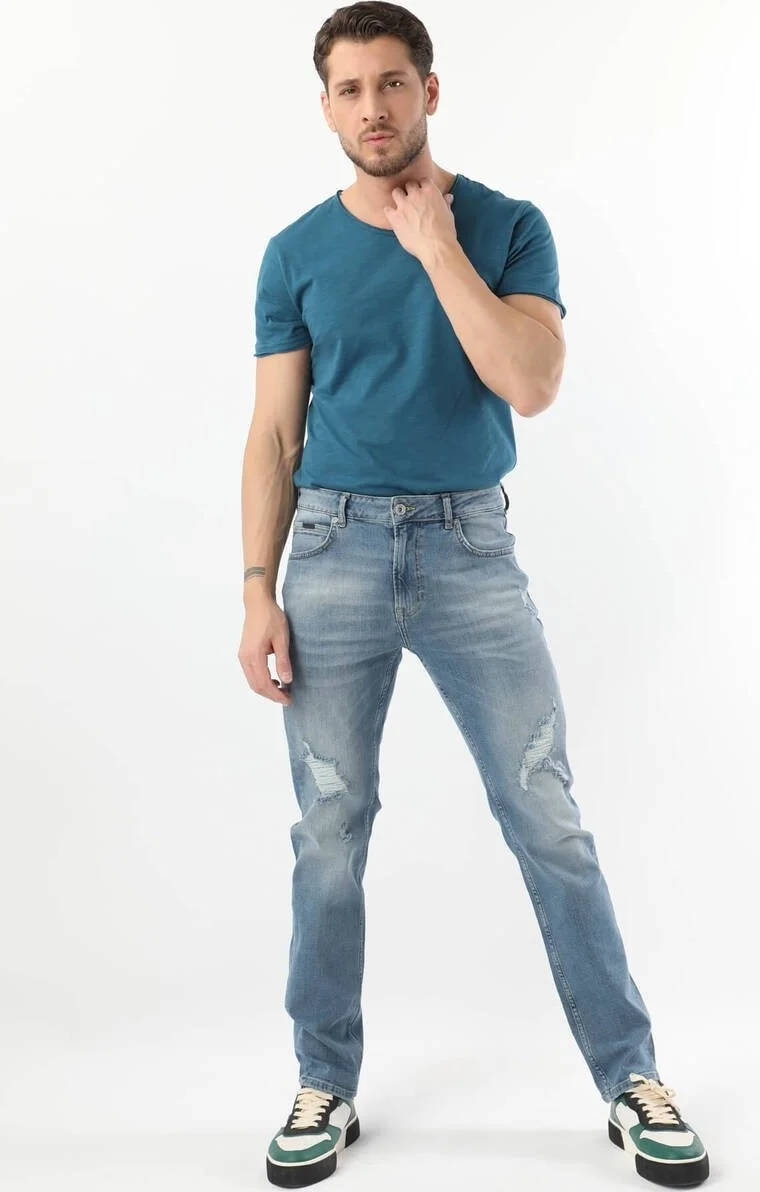 Banny Jeans Men Ripped Knee Regular Fit Jeans Blue
