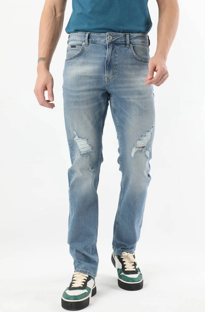 Banny Jeans Men Ripped Knee Regular Fit Jeans Blue