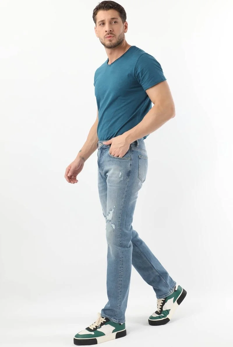 Banny Jeans Men Ripped Knee Regular Fit Jeans Blue
