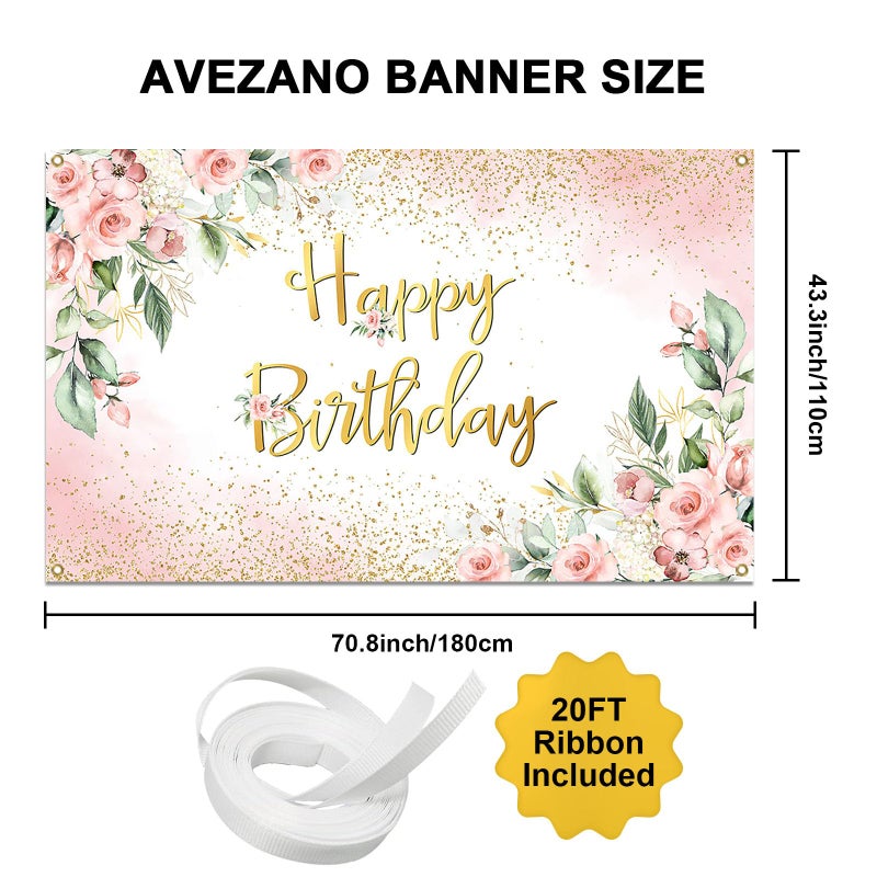 Avezano Rose Gold Birthday Backdrop for Women Pink Floral Golden Flash Happy Birthday Party Decorations Flower Glitters B-day Banner (6x3.6ft) - Image 3