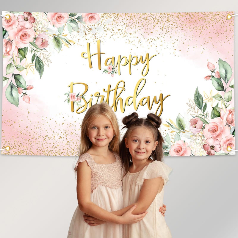 Avezano Rose Gold Birthday Backdrop for Women Pink Floral Golden Flash Happy Birthday Party Decorations Flower Glitters B-day Banner (6x3.6ft) - Image 4