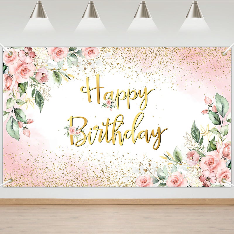 Avezano Rose Gold Birthday Backdrop for Women Pink Floral Golden Flash Happy Birthday Party Decorations Flower Glitters B-day Banner (6x3.6ft) - Image 1