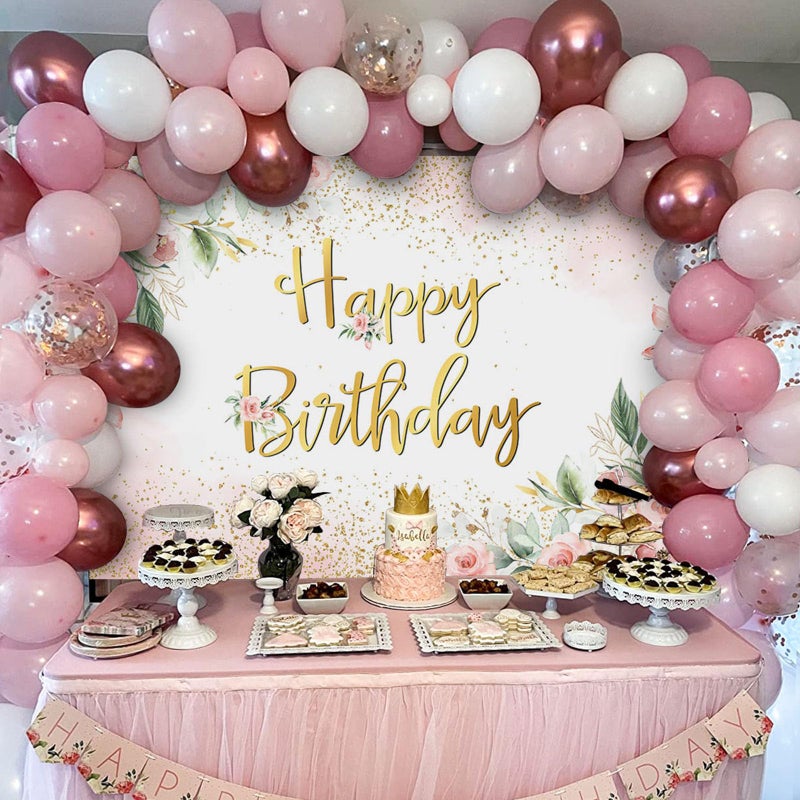 Avezano Rose Gold Birthday Backdrop for Women Pink Floral Golden Flash Happy Birthday Party Decorations Flower Glitters B-day Banner (6x3.6ft) - Image 5