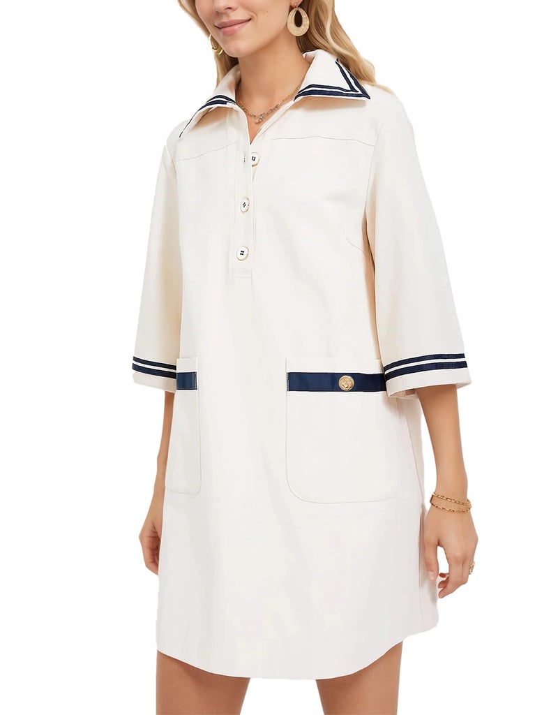 Kedera Women Sailor Shift Dress Short Sleeves Button V Neck Summer Tshirt Dress with Pockets White - Image 1