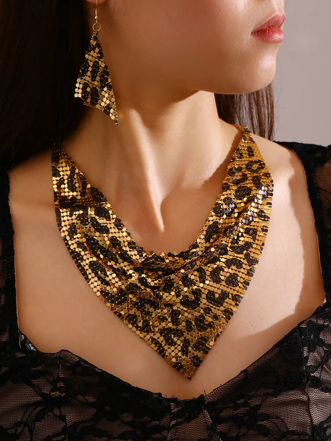 Gold Leopard Print Necklace and Earring Set