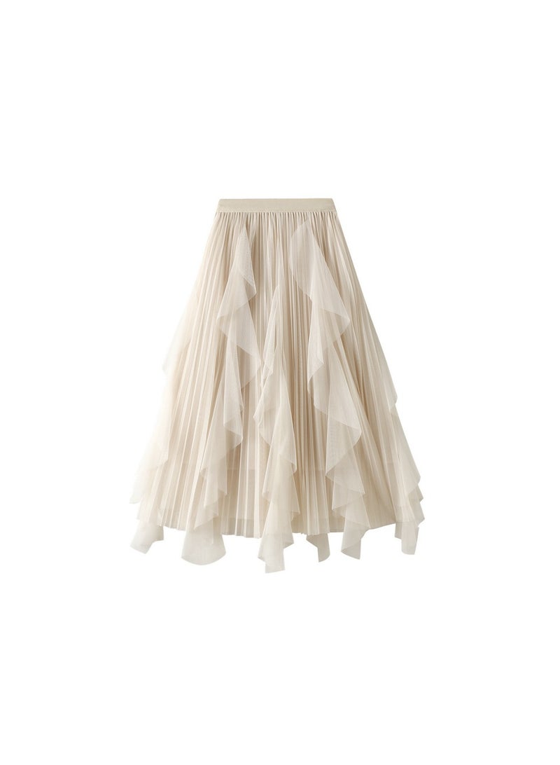 Loquat Women's High Waisted Ruffled Edge Patchwork Mesh Skirt Apricot  - Image 1