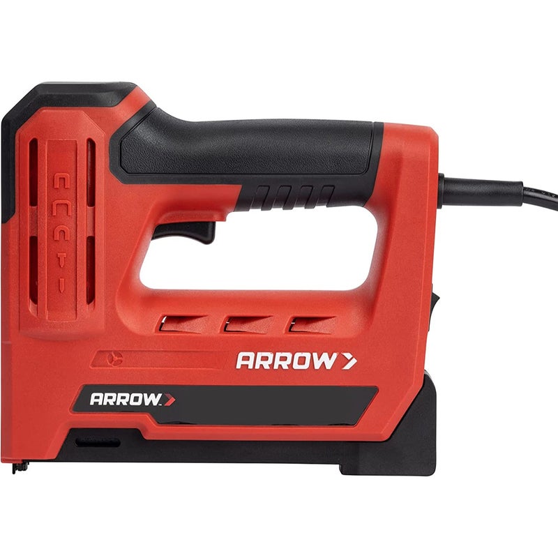 مسدس دبابيس كهربائي احترافي Arrow ET501F سلكي 5 في 1 ودباسة دبابيس للديكور والإطار والعزل والحرف والأسوار والكابلات أسود وأحمر