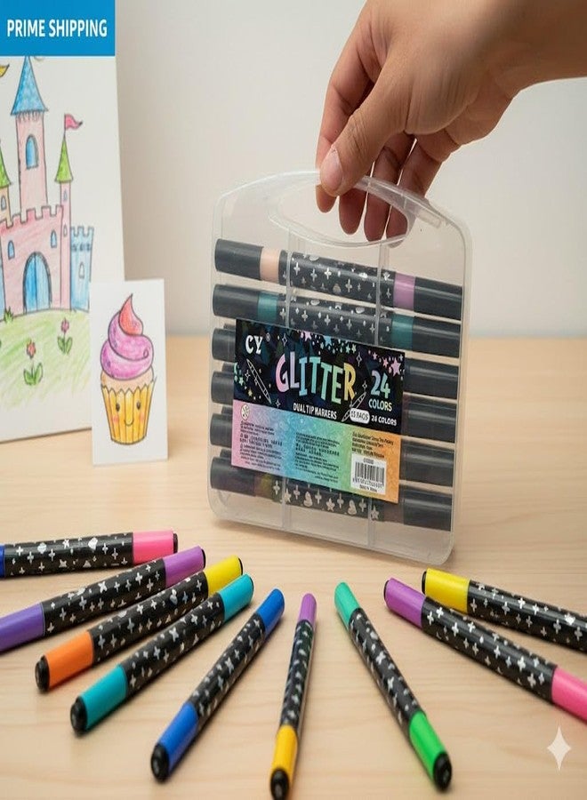 CLOSAL® Glitter Marker Art Marker Set of 12 Pcs || 24 Color Shades Art Marker Glitter Brush Pen || Water-based Shimmer Colors Glitter Marker Pen (12 Pens, 24 Colours) - Image 3