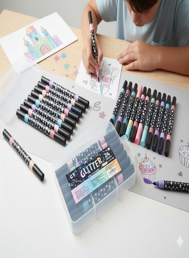 CLOSAL® Glitter Marker Art Marker Set of 12 Pcs || 24 Color Shades Art Marker Glitter Brush Pen || Water-based Shimmer Colors Glitter Marker Pen (12 Pens, 24 Colours) - Image 2