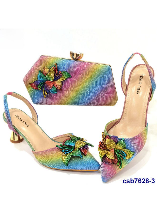 Flower Pattern Rhinestone Carved Elastic Band High Heel Sandals With Hand Bag Suit Shoes And Bag Set