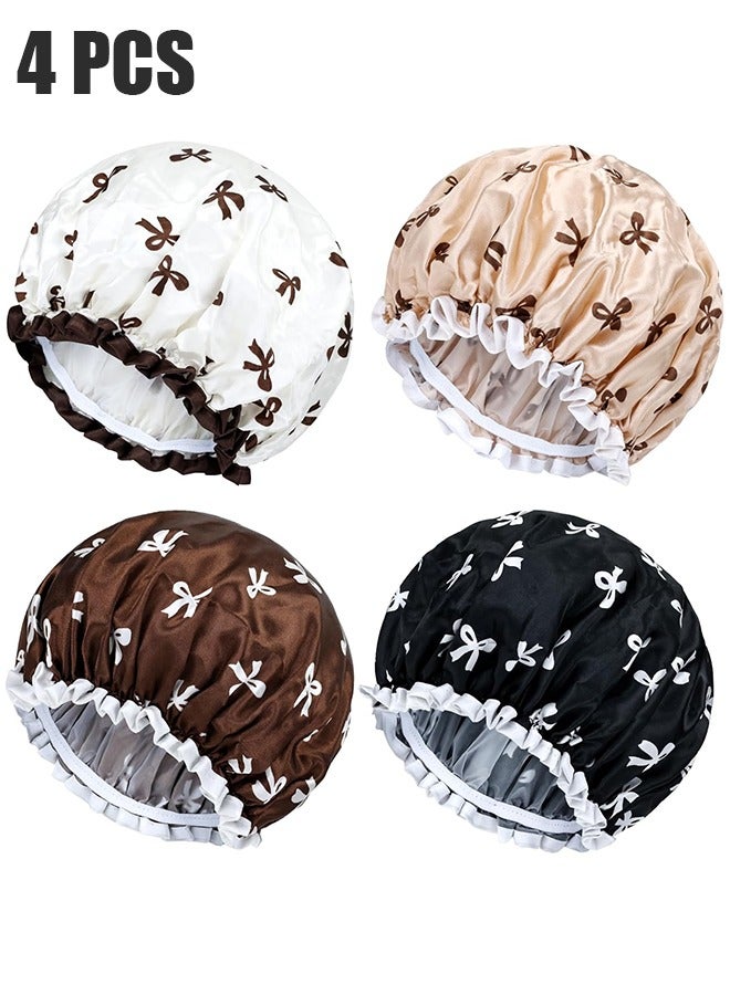 4 Pcs Double Waterproof Shower Caps, Elastic Reusable Bathing Cap Printed Shower Hat Bath Hat Beauty Salon Spa Shower Cap for Women Girls - Image 1