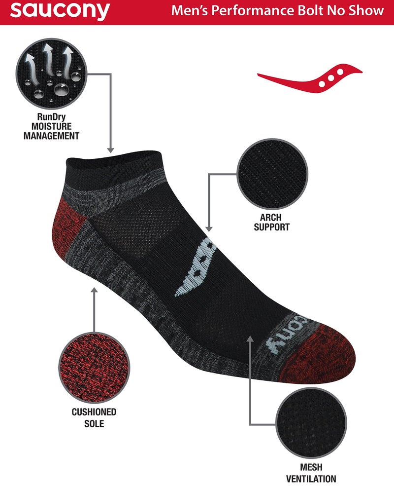 Saucony Men's Bolt RunDry Performance No-Show Multi-pack Socks, Red Assorted (6 Pairs), Large - Image 2