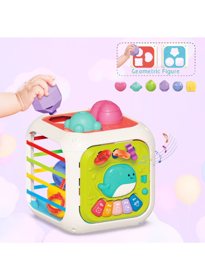 COGNIKIDS صندوق فرز الأشكال للأطفال 7 في 1 – لعبة تعليمية مع بيانو موسيقي، لعبة حبل مرن، كتل تكديس وأشكال هندسية | مكعب التعلم مونتيسوري للأطفال من عمر 18 شهرًا وما فوق - Image 4