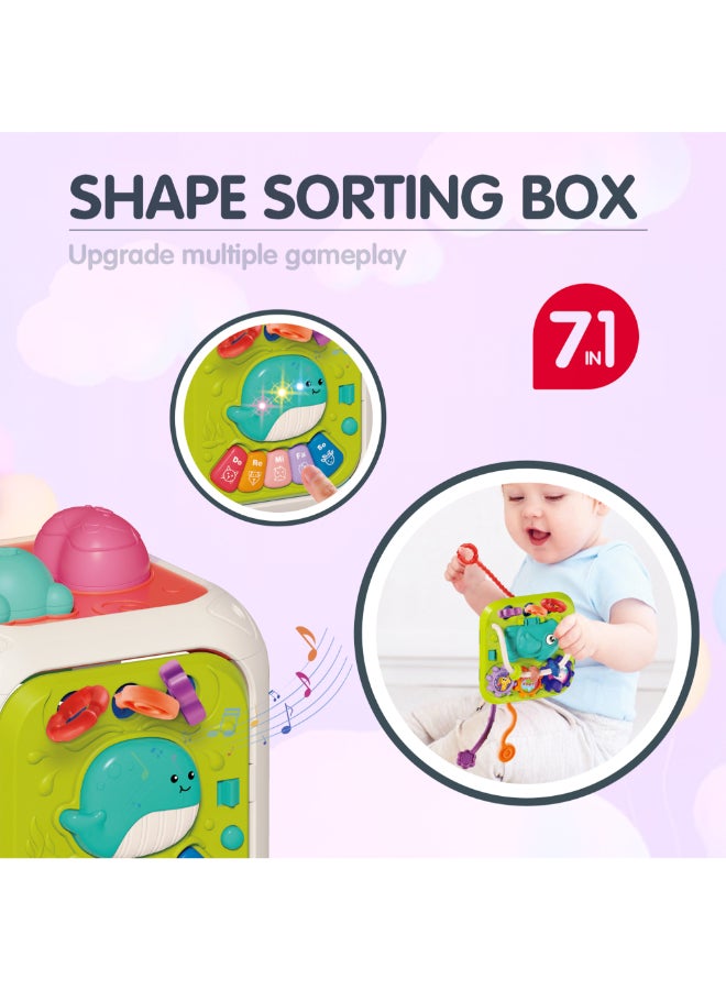 COGNIKIDS صندوق فرز الأشكال للأطفال 7 في 1 – لعبة تعليمية مع بيانو موسيقي، لعبة حبل مرن، كتل تكديس وأشكال هندسية | مكعب التعلم مونتيسوري للأطفال من عمر 18 شهرًا وما فوق - Image 3