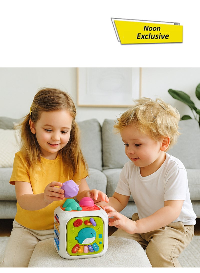 COGNIKIDS صندوق فرز الأشكال للأطفال 7 في 1 – لعبة تعليمية مع بيانو موسيقي، لعبة حبل مرن، كتل تكديس وأشكال هندسية | مكعب التعلم مونتيسوري للأطفال من عمر 18 شهرًا وما فوق - Image 1