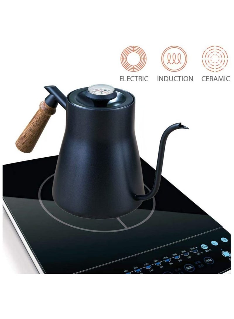 حصريا غلاية قهوة بمقبض خشبي من الفولاذ المقاوم للصدأ مع ميزان حرارة - Image 3