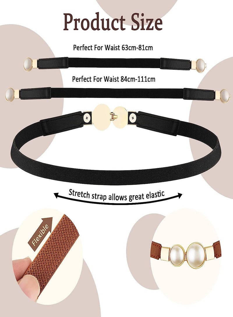 Women’s Stretchy Pearl Belt Set, Fashionable Elastic Waist Belts for Dresses, 2pcs Simple and Stylish Design, Creative Pearl Buckle Thin Belts - Image 4