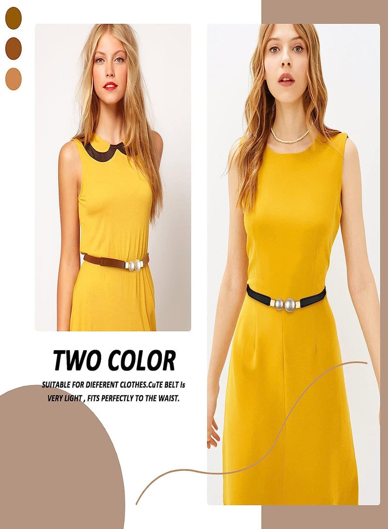 Women’s Stretchy Pearl Belt Set, Fashionable Elastic Waist Belts for Dresses, 2pcs Simple and Stylish Design, Creative Pearl Buckle Thin Belts - Image 2