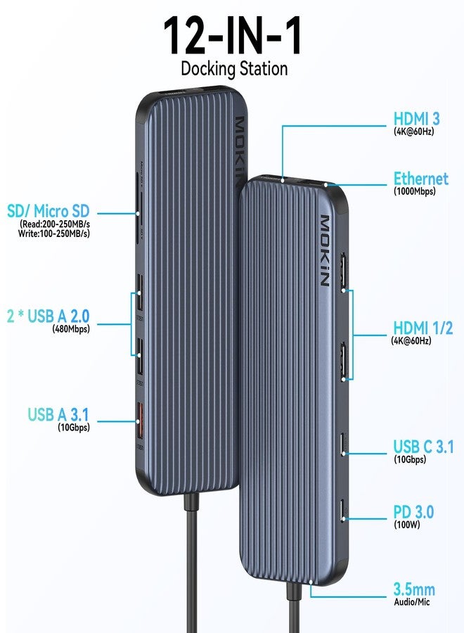 موكين محطة إرساء USB-C مزودة بـ 3 منافذ HDMI، محطة إرساء 12 في 1 تدعم ثلاث شاشات، محطة إرساء لشاشتين، موزع USB-C للكمبيوتر المحمول مزود بـ 3 منافذ HDMI بسرعة 10 جيجابت في الثانية، منفذ إيثرنت، منفذ USB 3.1، منفذ USB 2.0، شحن سريع بقدرة 100 واط، منفذ صوت وميكروفون، منفذ بطاقة SD - Image 2