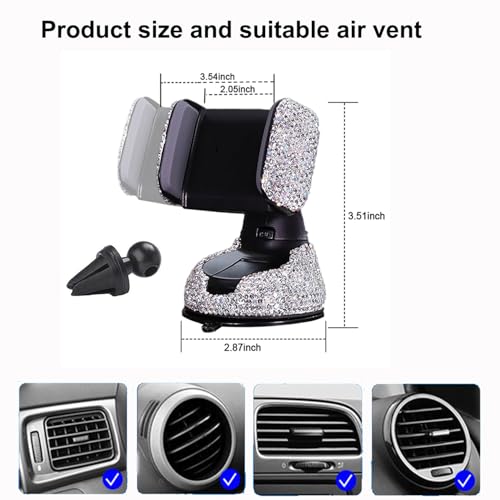 SUNCARACCL Bling Car Phone Holder, 360°Adjustable Universal Rhinestone Crystal Auto Phone Mount Stand Accessories for Windshield Dashboard and Air Outlet (White) - Image 4