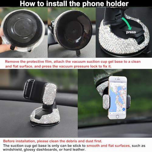 SUNCARACCL Bling Car Phone Holder, 360°Adjustable Universal Rhinestone Crystal Auto Phone Mount Stand Accessories for Windshield Dashboard and Air Outlet (White) - Image 3