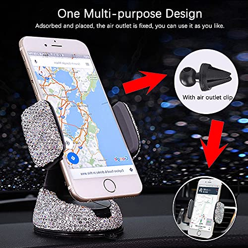 SUNCARACCL Bling Car Phone Holder, 360°Adjustable Universal Rhinestone Crystal Auto Phone Mount Stand Accessories for Windshield Dashboard and Air Outlet (White) - Image 2