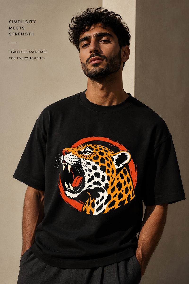 Men's Oversized Black T-Shirt with Roaring Leopard Graphic Casual Short Sleeve Crew Neck Streetwear Tee - Image 1