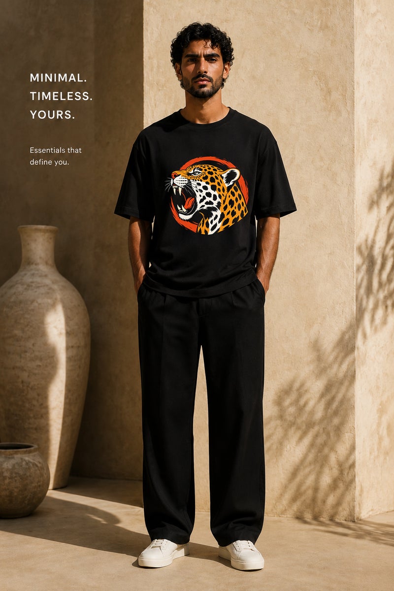 Men's Oversized Black T-Shirt with Roaring Leopard Graphic Casual Short Sleeve Crew Neck Streetwear Tee - Image 2