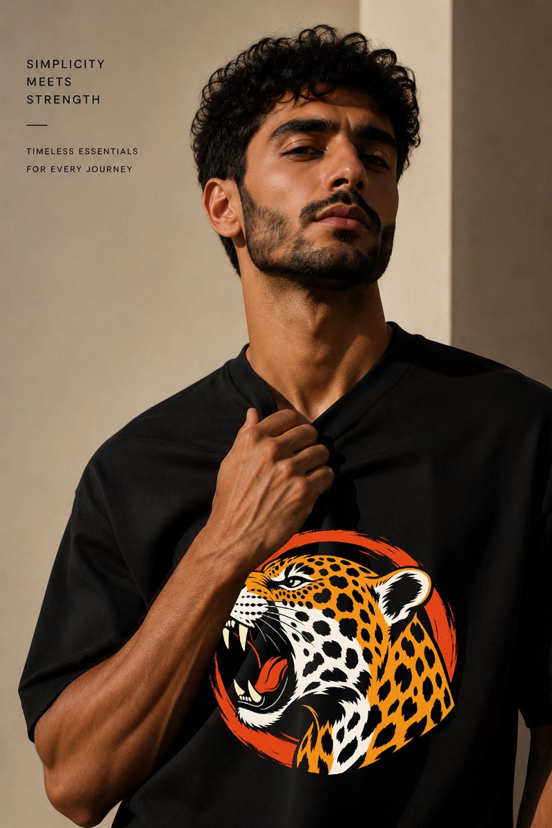 Men's Oversized Black T-Shirt with Roaring Leopard Graphic Casual Short Sleeve Crew Neck Streetwear Tee - Image 5