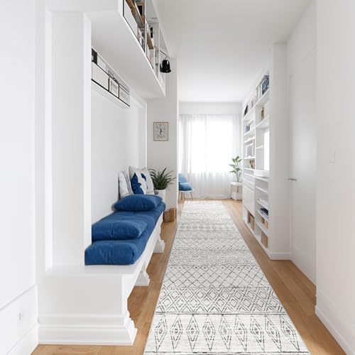 BYYVOO 2'6"x12' Hallway Runner Rug Washable - Moroccan Non Slip Bedroom Rugs with Rubber Backing Soft Long Floor Mat Low Pile Farmhouse Carpet for Front Door Entryway 2'6x12 Geo Grey - Image 2