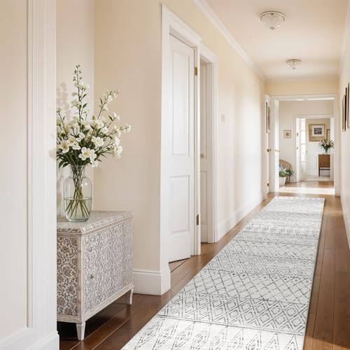 BYYVOO 2'6"x12' Hallway Runner Rug Washable - Moroccan Non Slip Bedroom Rugs with Rubber Backing Soft Long Floor Mat Low Pile Farmhouse Carpet for Front Door Entryway 2'6x12 Geo Grey - Image 3