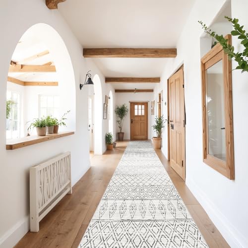 BYYVOO 2'6"x12' Hallway Runner Rug Washable - Moroccan Non Slip Bedroom Rugs with Rubber Backing Soft Long Floor Mat Low Pile Farmhouse Carpet for Front Door Entryway 2'6x12 Geo Grey - Image 1