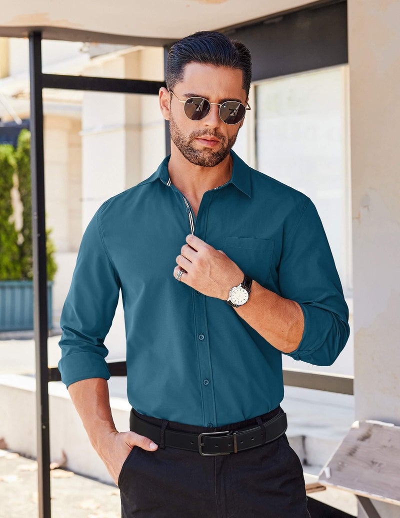 COOFANDY Mens Casual Button Down Shirt Long Sleeve Untucked Dress Shirt with Pocket Midnight Blue - Image 3