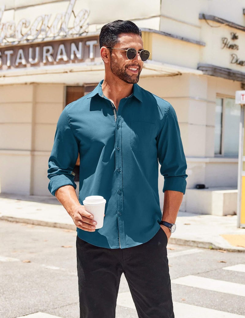 COOFANDY Mens Casual Button Down Shirt Long Sleeve Untucked Dress Shirt with Pocket Midnight Blue - Image 2