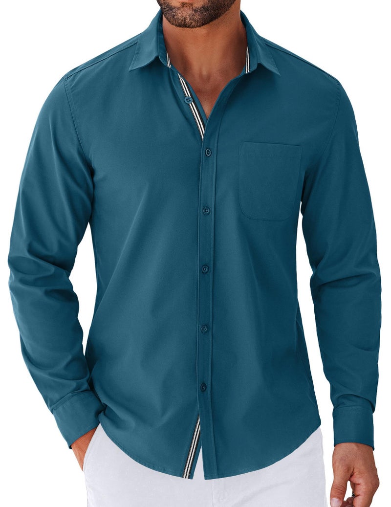COOFANDY Mens Casual Button Down Shirt Long Sleeve Untucked Dress Shirt with Pocket Midnight Blue - Image 1