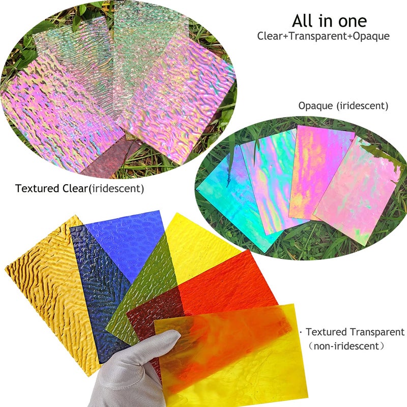 Lanyani 12 Sheets Iridescent Stained Glass Sheets, Cathedral Art Glass Packs for Mosaic Work Craft, Assorted Clear+Opaque+Colored Transparent - Image 2