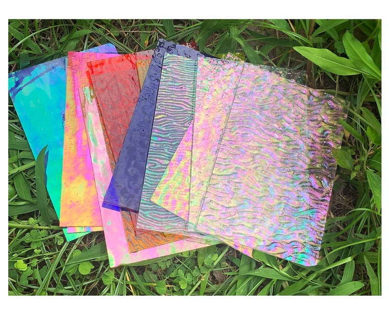Lanyani 12 Sheets Iridescent Stained Glass Sheets, Cathedral Art Glass Packs for Mosaic Work Craft, Assorted Clear+Opaque+Colored Transparent - Image 1