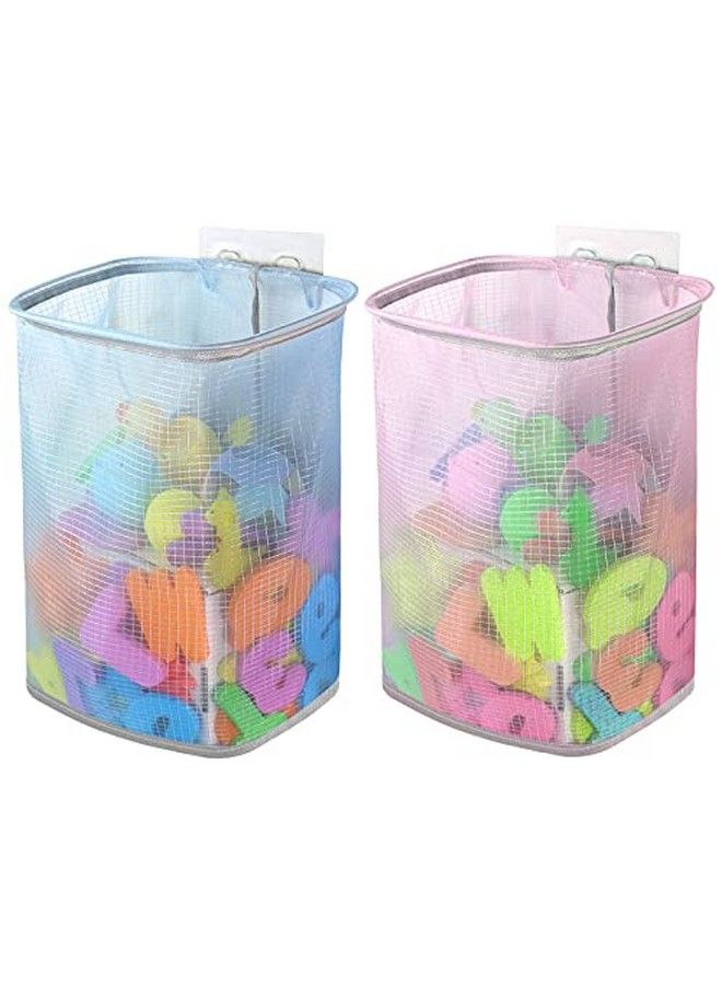Linkidea 2 Packs Bath Toy Storage Organizer Hanging Mesh Bathtub Toy Holder Basket With Adhesive Hooks Shower Caddy For Kids Toddlers Bathroom Car Toy (Blue & Pink) - Image 1
