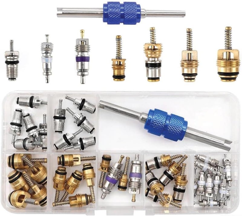 Excefore 40Pcs Car Air Conditioner Valve Core Kit, R12 R134a Automotive A/C Refrigeration Tire Valve Stems with Double Head Dual Dismantling Remover Tool - Image 1