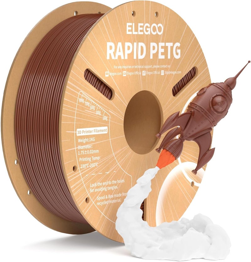 إليجو خيوط Rapid PETG بقطر 1.75 مم، بني، وزن 1 كجم، سرعة عالية أقل من 600 مم/ثانية لطابعات ثلاثية الأبعاد، دقة أبعاد +/- 0.02 مم، بكرة كرتونية (2.2 رطل)، مناسبة لمعظم طابعات FDM ثلاثية الأبعاد - Image 1