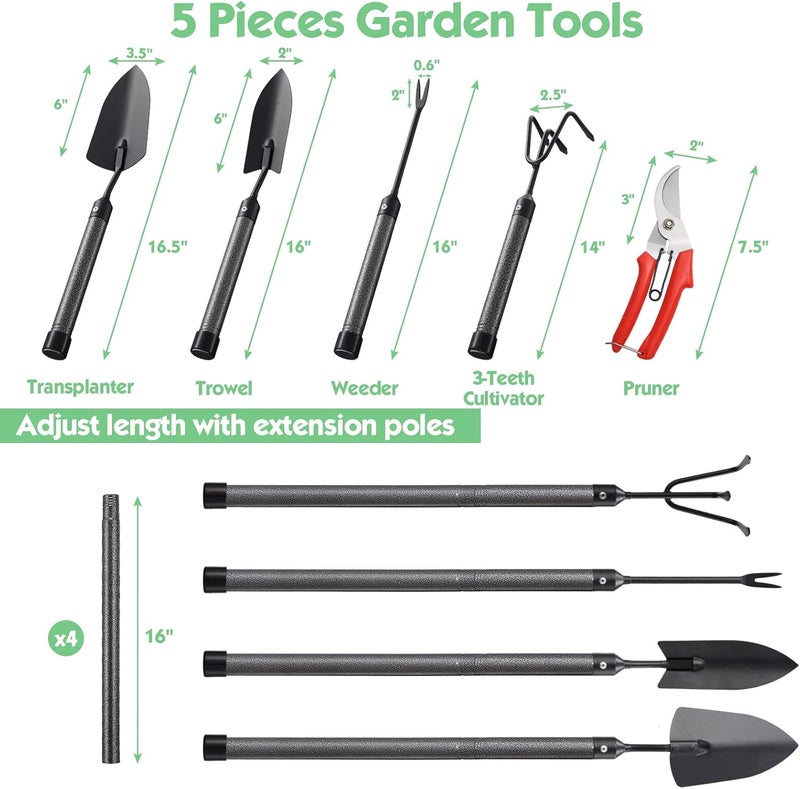 INFLATION Garden Tool Set,5 Pieces Gardening Tools with Adjustable Length Handle,Heavy Gardening Kit Including ,Large Trowel, Small Trowel, Hand rake, Weeder, Pruning Shears - Image 4