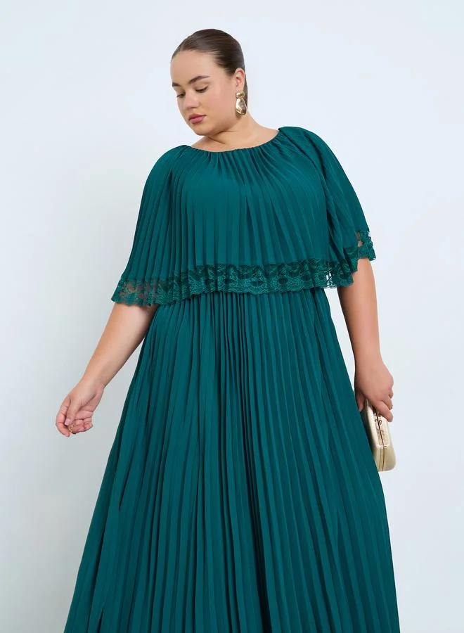 Styli Plus Size Teal A-Line Maxi Dress with Lace Cape