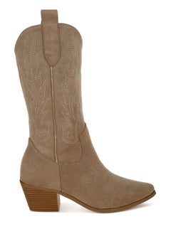 London Rag Embroidery Detail Cowboy Boots in Beige  - Image 1