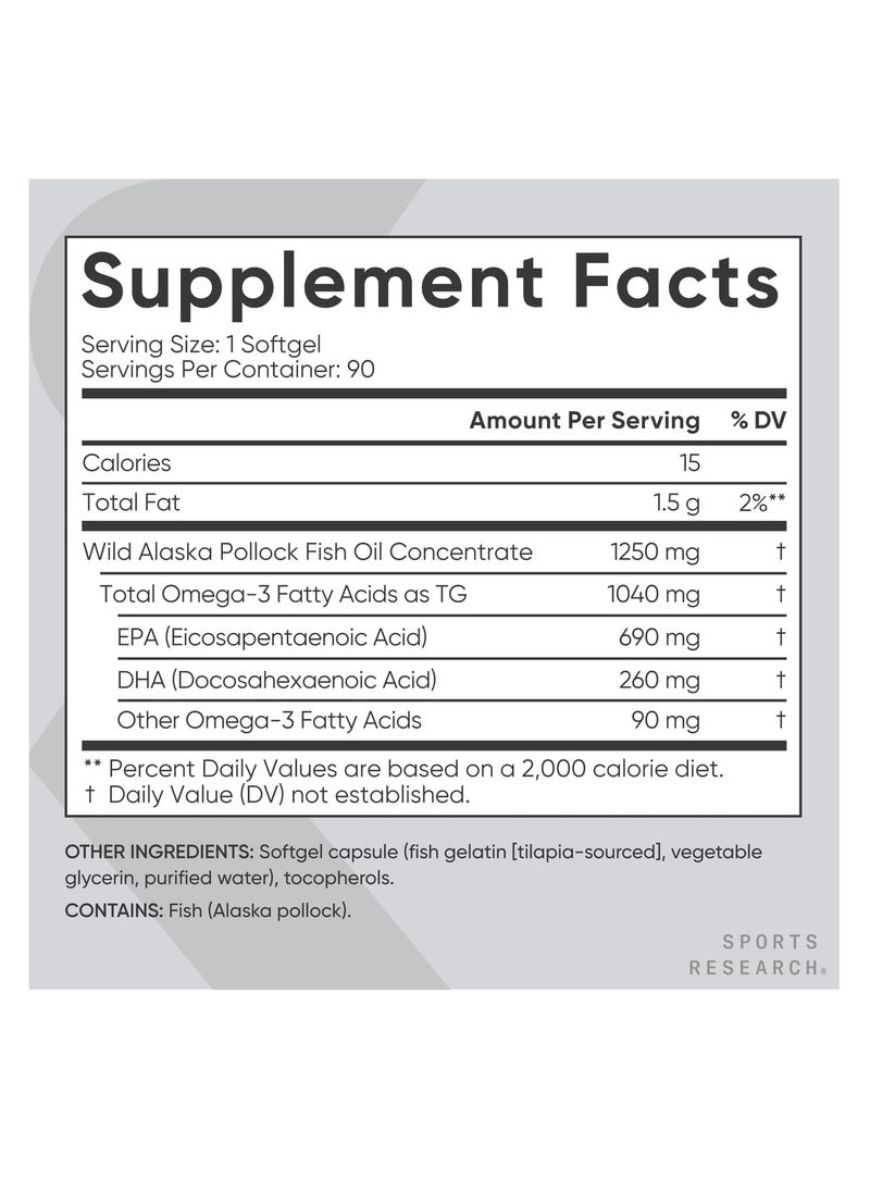 SPORTS RESEARCH - SR Omega-3 Fish Oil Triple Strength 1250mg 90 Softgels - Image 1