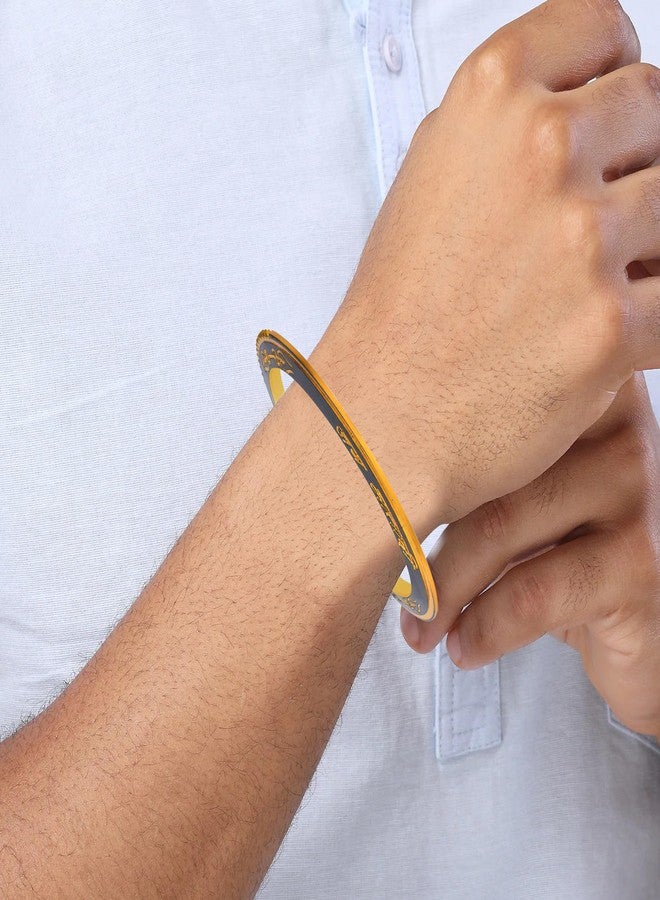 morir Gold Plated Stainless Steel Men's Kada with Jai Mahakal Engraving | Black & Gold Trishul Bracelet (2.14) - Image 3