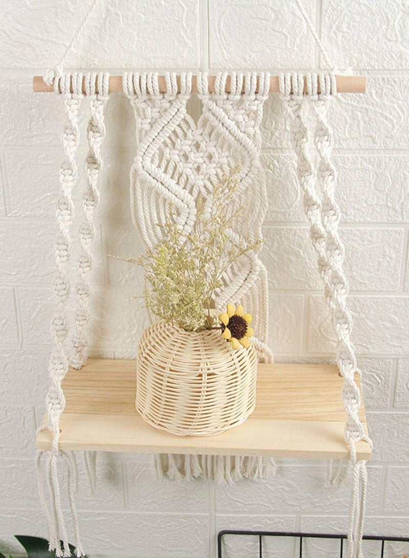 Excefore Wall Hanging Shelf Boho Decor Wood Floating Shelf for Bedroom Living Room Nursery Bathroom, Handmade Woven Rope Storage Rack for Photo Frames Plant Display - Image 3