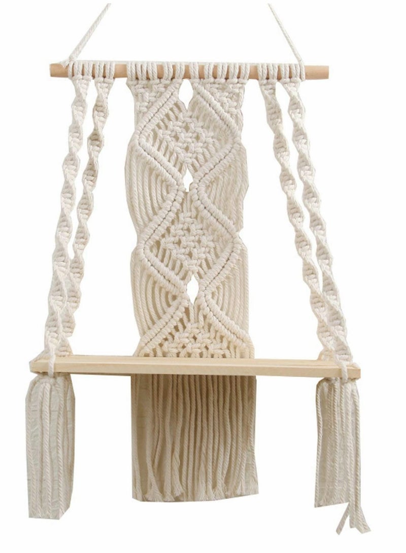 Excefore Wall Hanging Shelf Boho Decor Wood Floating Shelf for Bedroom Living Room Nursery Bathroom, Handmade Woven Rope Storage Rack for Photo Frames Plant Display - Image 1