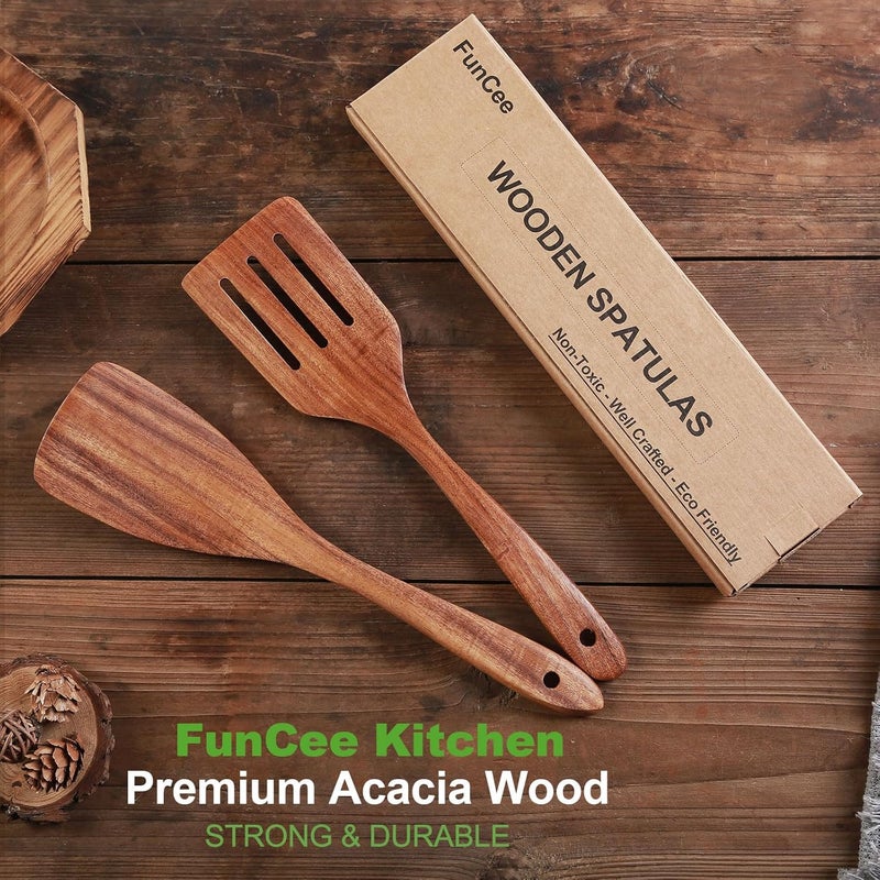 FunCee 2 Pack Wooden Spatula, Acacia Wood Long Handle Flat Frying Turner, Handmade wooden spoons for cooking, Kitchen Utensil set, Non-Stick Cooking Spurtle Utensils for kitchen use - Image 5