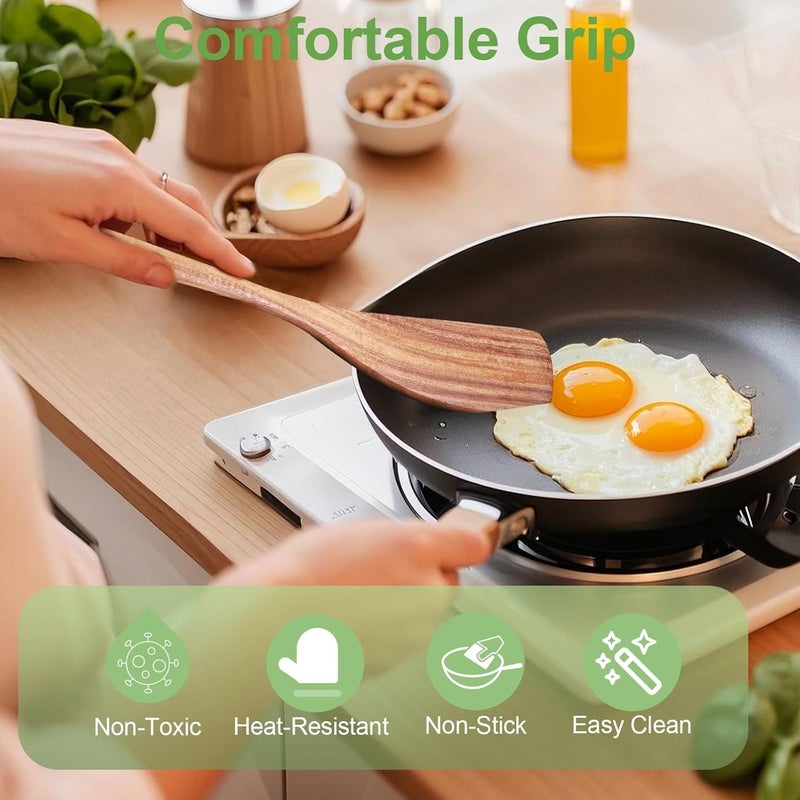 FunCee 2 Pack Wooden Spatula, Acacia Wood Long Handle Flat Frying Turner, Handmade wooden spoons for cooking, Kitchen Utensil set, Non-Stick Cooking Spurtle Utensils for kitchen use - Image 2